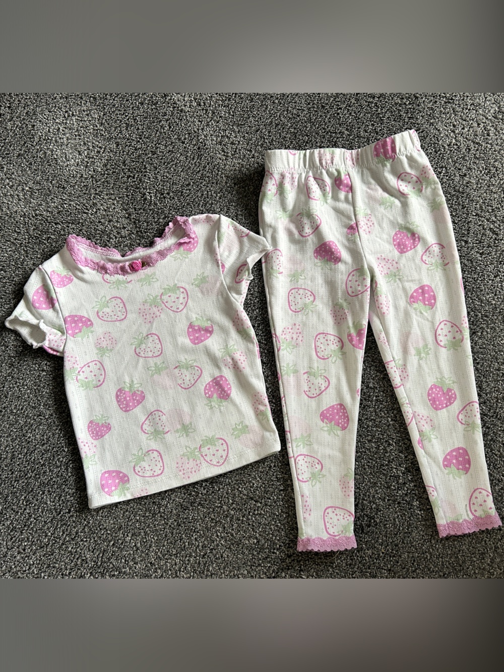 Girls White & Pink Strawberry Pajama Set with Ruffle Trim